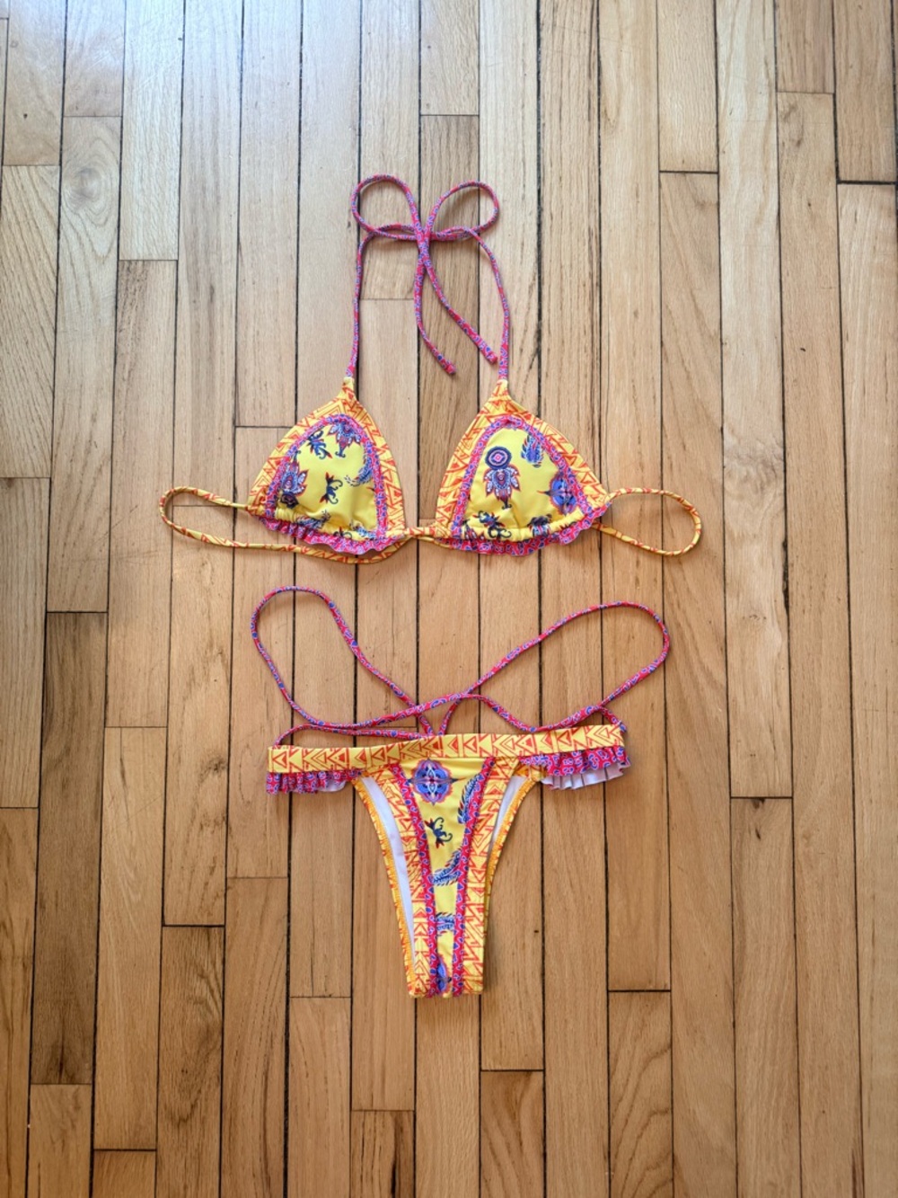 Boho Print Yellow Tie String Triangle 2piece  Bikini - Picture 3 of 5